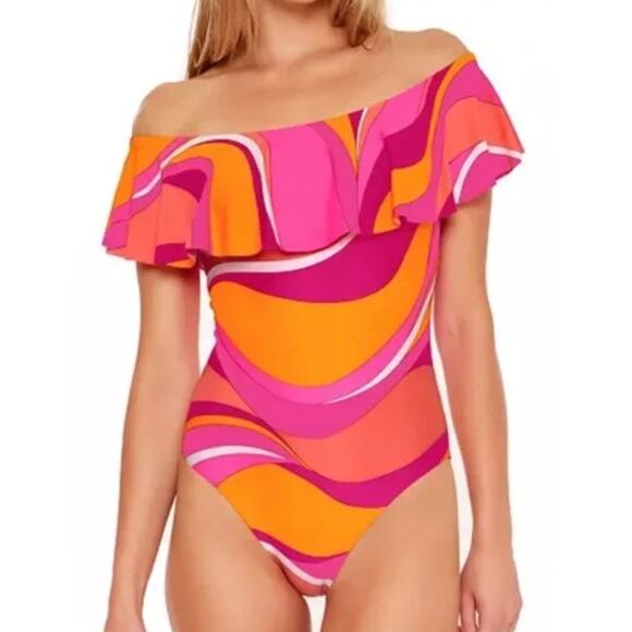 Trina Turk Vivid Vista Ruffle Bandeau One Piece Swim Suit 12 NWOT - Picture 3 of 3